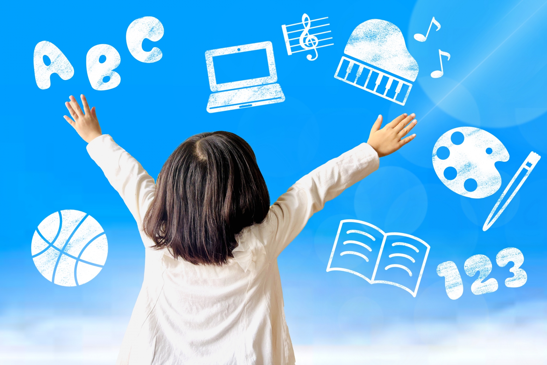 プログラミングや算数・音楽など学びのアイコンと子ども。習い事や学びを総合的に捉えるイメージ